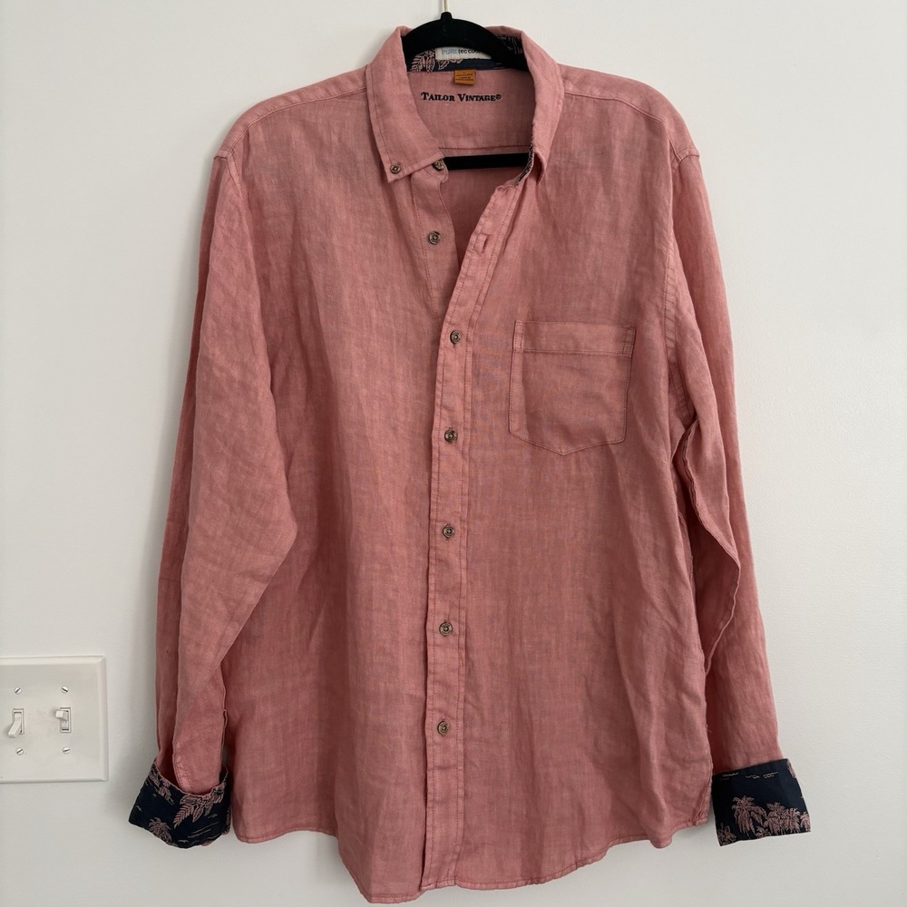 TailorVintageMens Sz L 100% Linen Long Sleeve Button Up Shirt Casual Beach Comfy